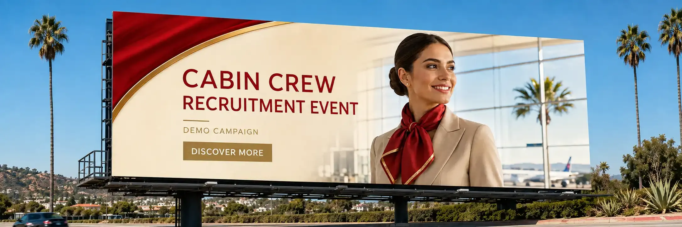 Display advertising billboard for airlines: Emirates Cabin Crew Open Day, Etihad Recruitment Event, Qatar Airways recruitment event, British Airways Cabin Crew Recruitment Event, easyJet Cabin Crew Recruitment Event and sponsored banners for airlines.