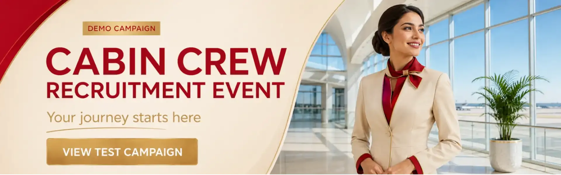 Gigaboard sponsored banners for airlines: Emirates Cabin Crew Open Day, Etihad Recruitment Event, Qatar Airways recruitment event, British Airways Cabin Crew Recruitment Event and easyJet Cabin Crew Recruitment Event.