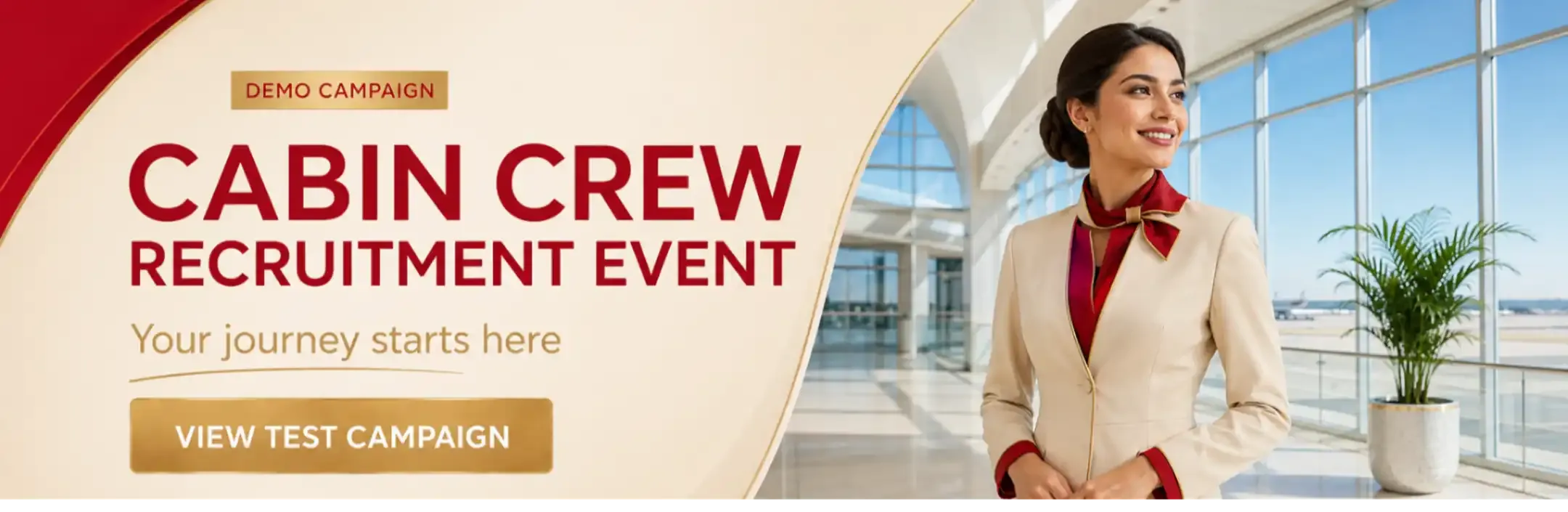 Homepage Megaboard sponsored banners for airlines: Emirates Cabin Crew Open Day, Etihad Recruitment Event, Qatar Airways recruitment event, British Airways Cabin Crew Recruitment Event and easyJet Cabin Crew Recruitment Event.