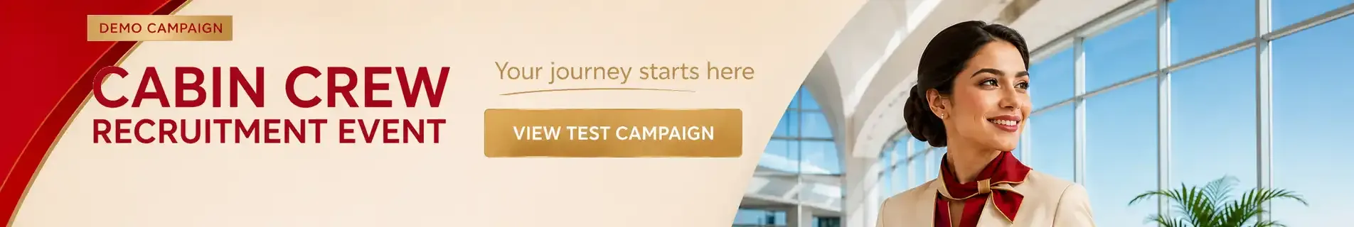 Wideboard sponsored banners for airlines: Emirates Cabin Crew Open Day, Etihad Recruitment Event, Qatar Airways recruitment event, British Airways Cabin Crew Recruitment Event and easyJet Cabin Crew Recruitment Event.