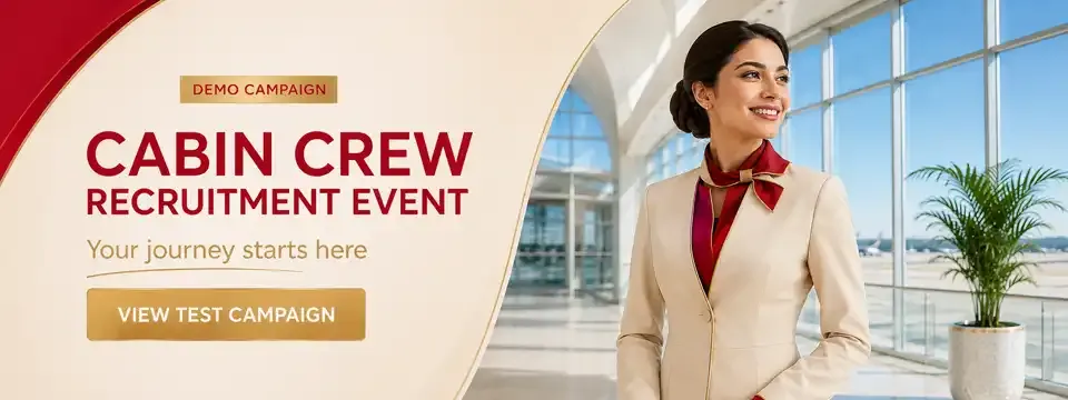 Mobileboard sponsored banners for airlines: Emirates Cabin Crew Open Day, Etihad Recruitment Event, Qatar Airways recruitment event, British Airways Cabin Crew Recruitment Event and easyJet Cabin Crew Recruitment Event.