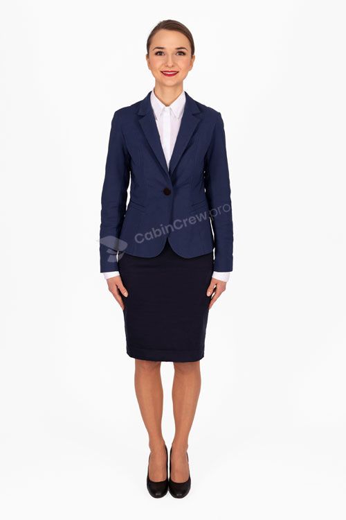 Emirates cabin crew recruitment photo session — full-length formal shot on a white background, business attire, CabinCrew.uk studio London
