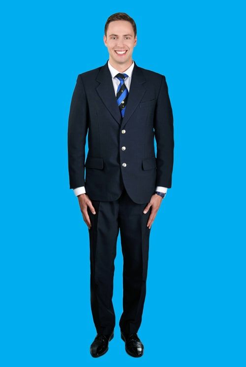 Full-length formal Qatar Airways cabin crew recruitment photo on blue background